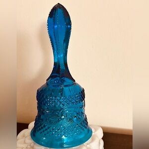 Vintage Fenton Aqua Blue Glass Bell English Diamond Point & Scrolls 6” T